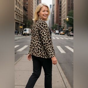 Chico’s Leopard Print Open Front Cardigan Sweater, Silk and Angora Blend, Large